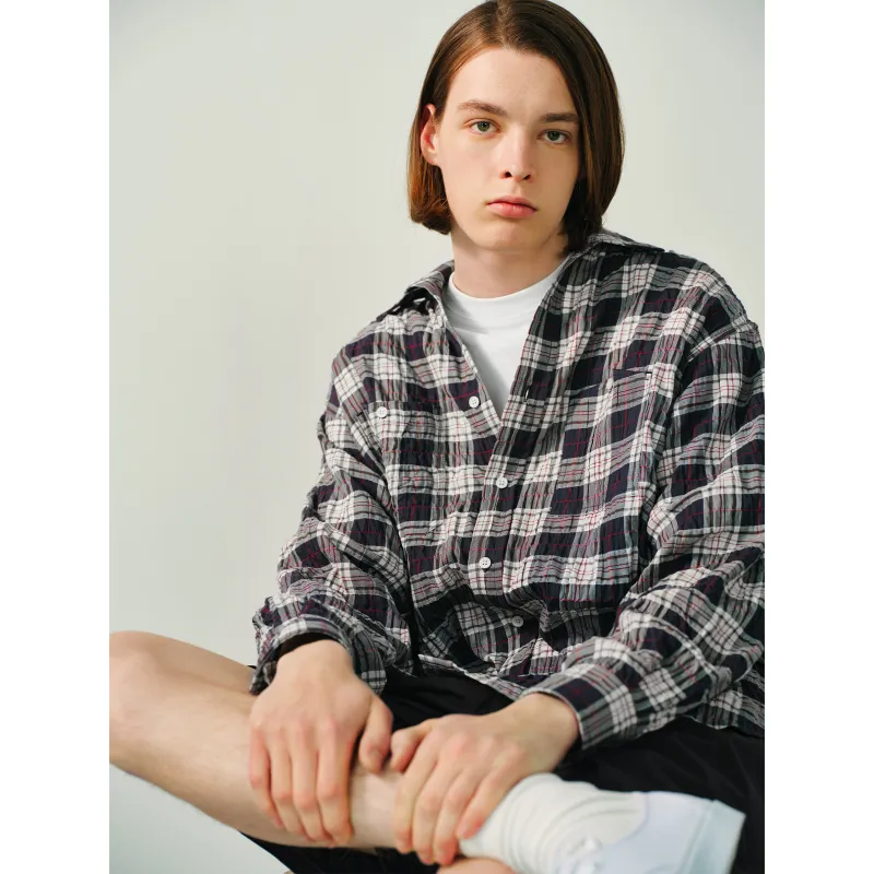 EVISTUB Shirt Men's Beige Blue Plaid Color-5