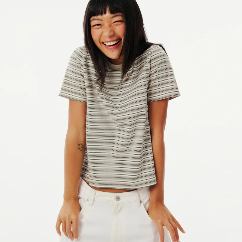 EVISTUB Tee Short Sleeved T Shirts Women's Khaki Brown Stripes-6