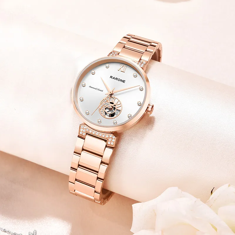 RARONE Couple Collection Deer Mechanical Movement Stainless Steel Watchband Watch Unisex White Dial-10