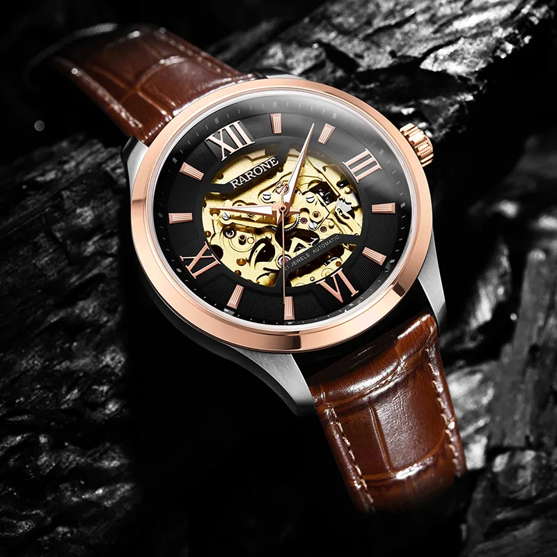 RARONE Warship Series Automatic Mechanical Movement Genuine Leather Strap Watch Men's Watches Cut-Out Dial-4