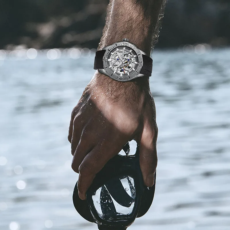 RARONE Gemini Dive Watch Automatic Mechanical Movement Silicone Strap Watch Men's Watches Cut Out Dial-5