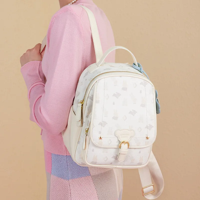 Miffy PU Casual Backpack Medium Size Women's Pink/White-12