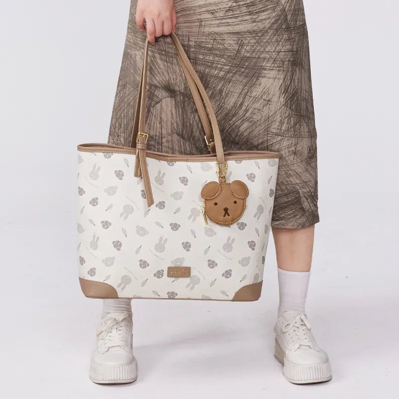 Miffy Synthetic Leather Portable Tote Shoulder Bag Women's Khaki/Ecru-8