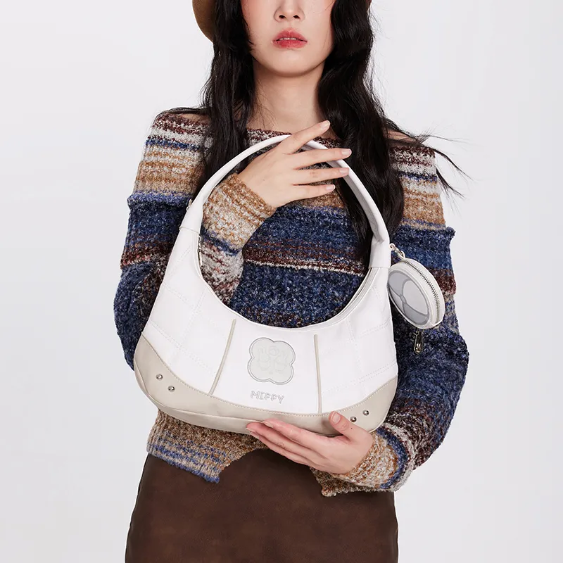 Miffy PU Advanced Textured Versatile Handbag For Long Commutes Crescent Moon Shoulder Bag Women's Ecru/Blue-6