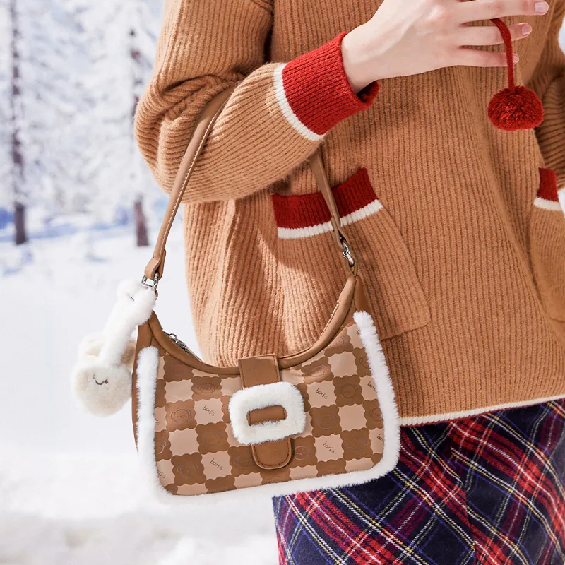 Miffy PU Faux Rabbit Fur Crossbody Shoulder Bags Women's Brown/Ecru/Pink-5