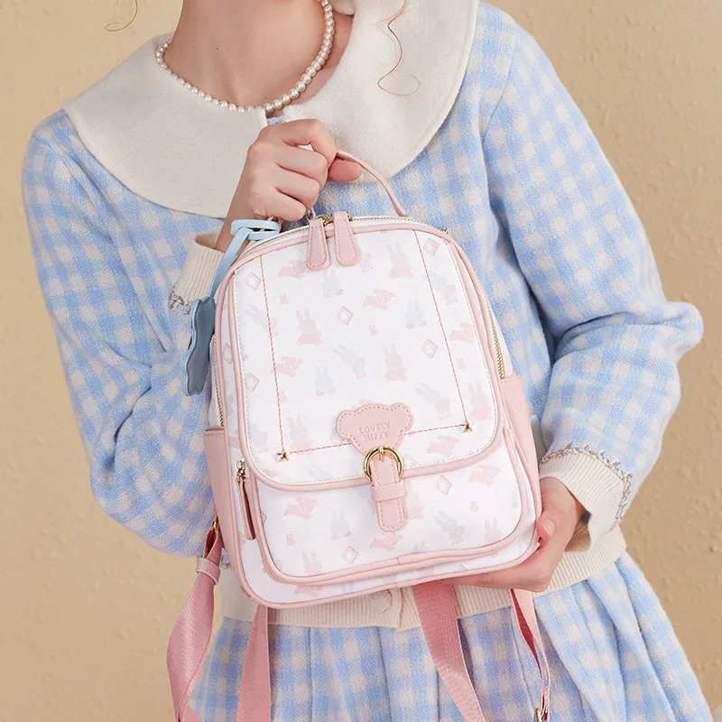 Miffy PU Casual Backpack Medium Size Women's Pink/White-5