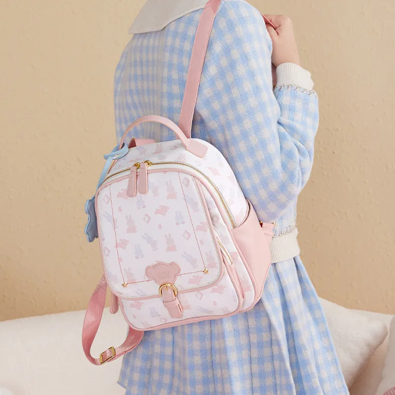Miffy PU Casual Backpack Medium Size Women's Pink/White-7