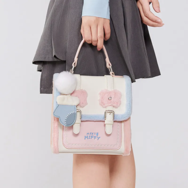 Miffy Synthetic Leather Patchwork Fabric Backpack Regular Women's Pink-6