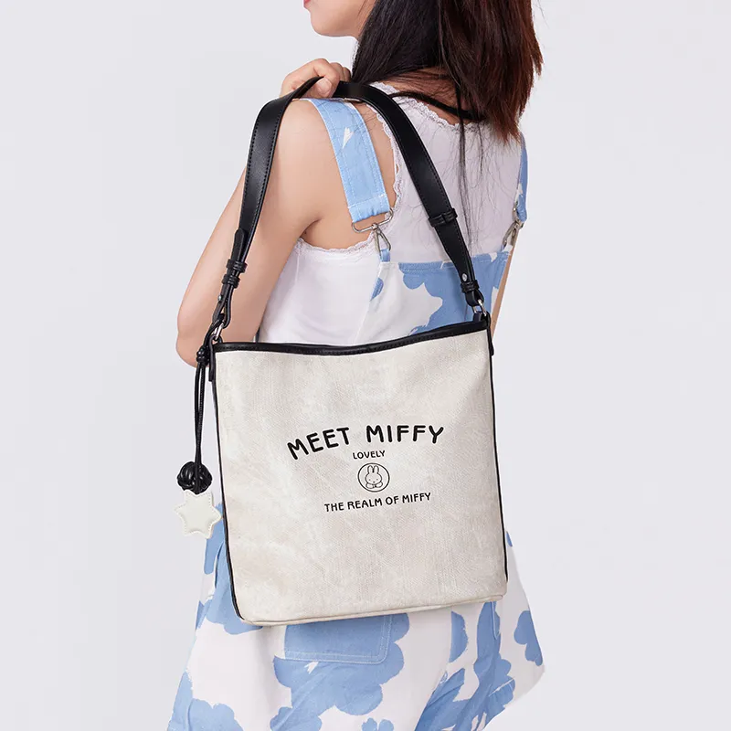 Miffy Synthetic Leather Shoulder Bag Medium Size Women's Ecru/Light Blue-7