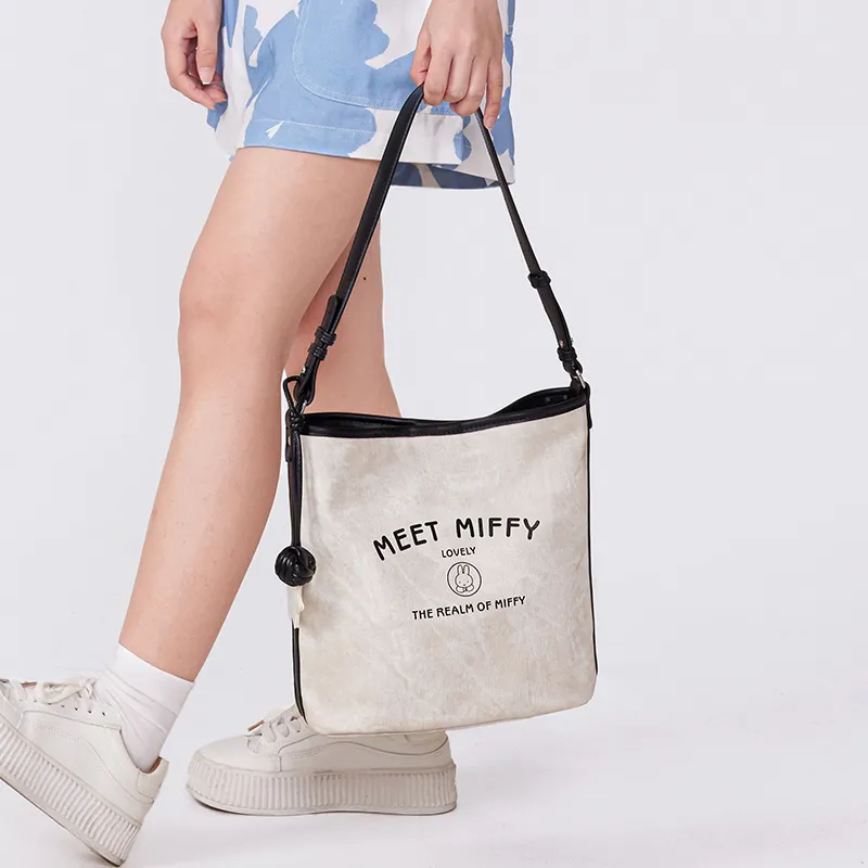 Miffy Synthetic Leather Shoulder Bag Medium Size Women's Ecru/Light Blue-6
