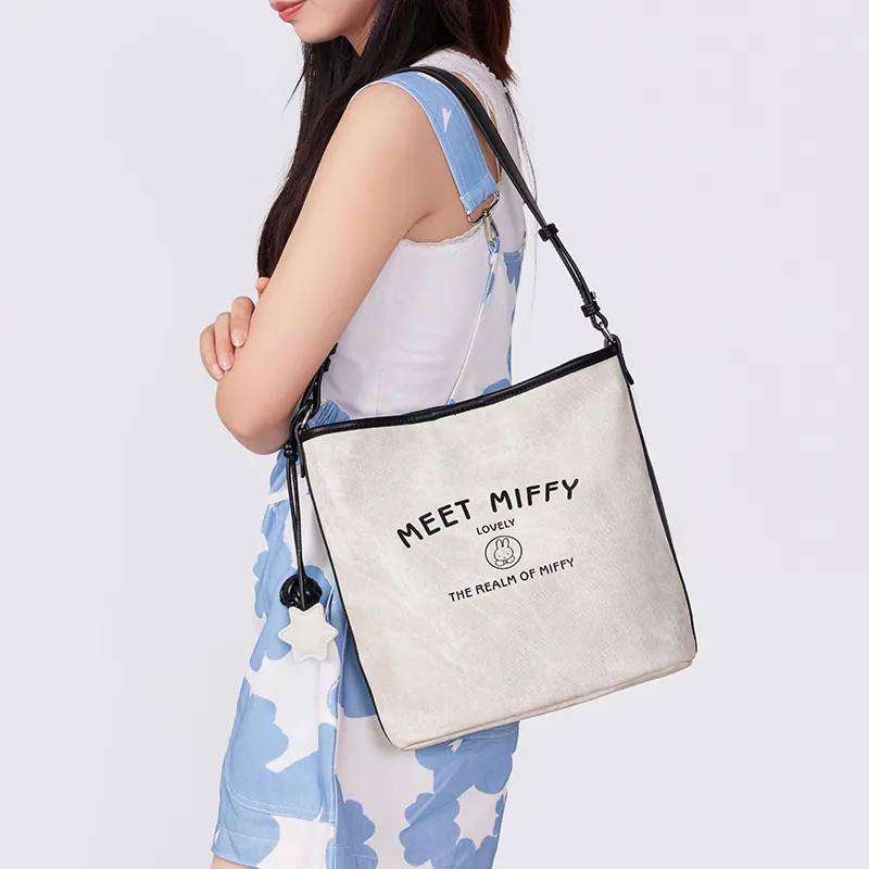 Miffy Synthetic Leather Shoulder Bag Medium Size Women's Ecru/Light Blue-5
