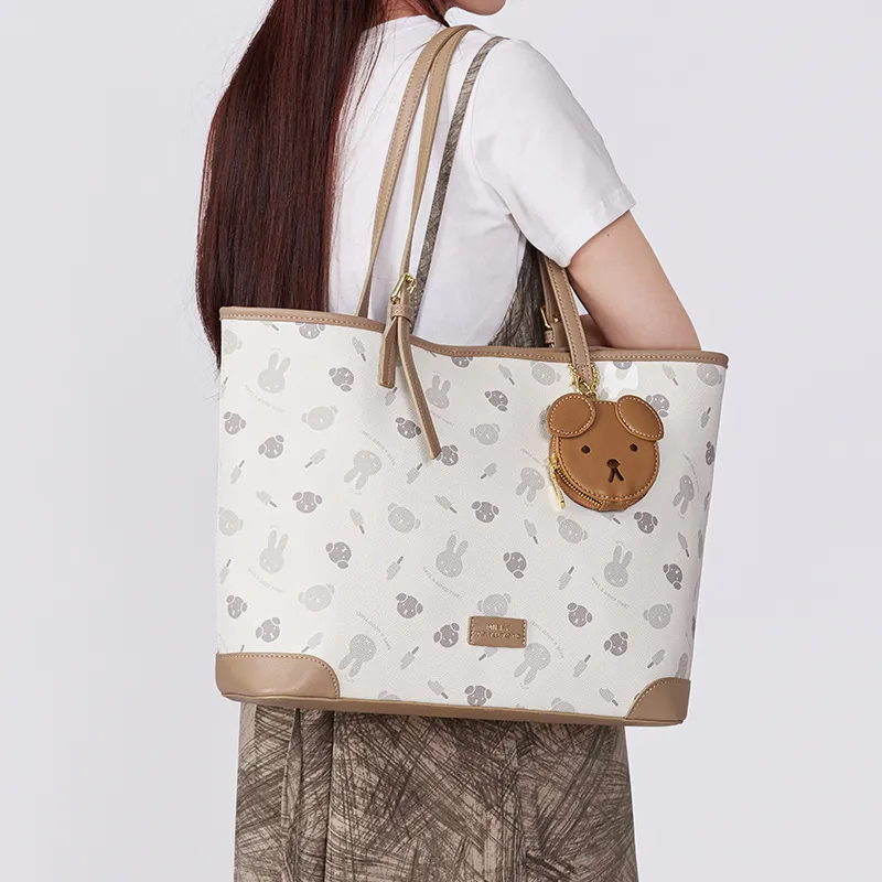 Miffy Synthetic Leather Portable Tote Shoulder Bag Women's Khaki/Ecru-6