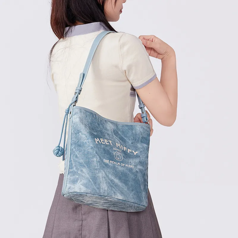 Miffy Synthetic Leather Shoulder Bag Medium Size Women's Ecru/Light Blue-12