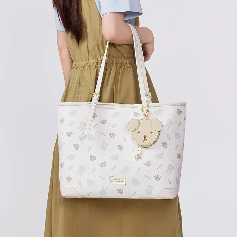 Miffy Synthetic Leather Portable Tote Shoulder Bag Women's Khaki/Ecru-14