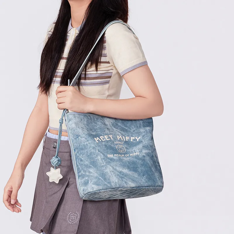 Miffy Synthetic Leather Shoulder Bag Medium Size Women's Ecru/Light Blue-14