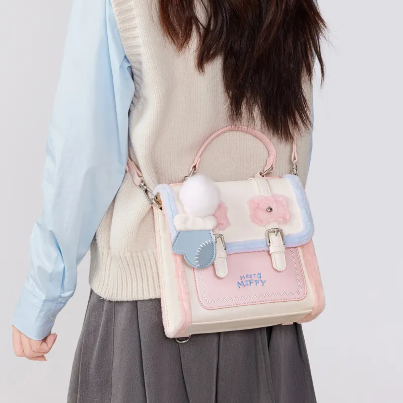 Miffy Synthetic Leather Patchwork Fabric Backpack Regular Women's Pink-5