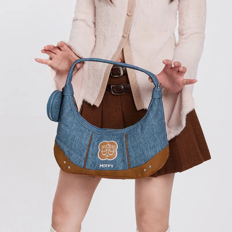Miffy PU Advanced Textured Versatile Handbag For Long Commutes Crescent Moon Shoulder Bag Women's Ecru/Blue-15