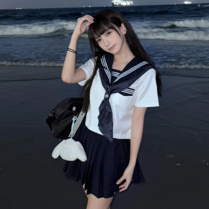 Sato Supun Uniforms Women's New White Three Volume Short Sleeved Sailor Suit+JK Badge-6