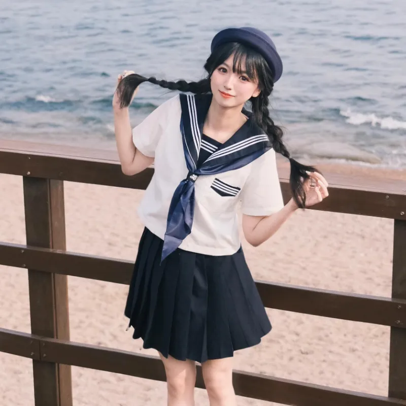 Sato Supun Uniforms Women's New White Three Volume Short Sleeved Sailor Suit+JK Badge-3