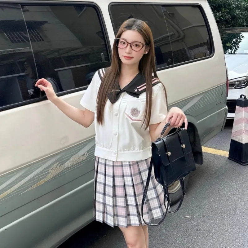 Sato Supun Uniform Women's Black Pink Staraki Eigo High Top+Bow Tie+Old Love Poem Plaid Skirt-4