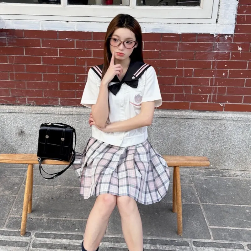 Sato Supun Uniform Women's Black Pink Staraki Eigo High Top+Bow Tie+Old Love Poem Plaid Skirt-2