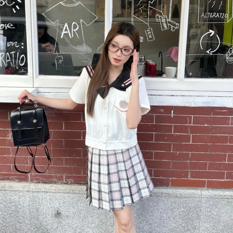 Sato Supun Uniform Women's Black Pink Staraki Eigo High Top+Bow Tie+Old Love Poem Plaid Skirt-7