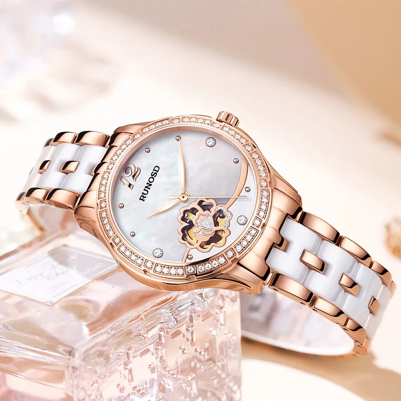 RUNOSD Mechanical Movement Ceramic Strap Watch Women's Watch White Dial-8