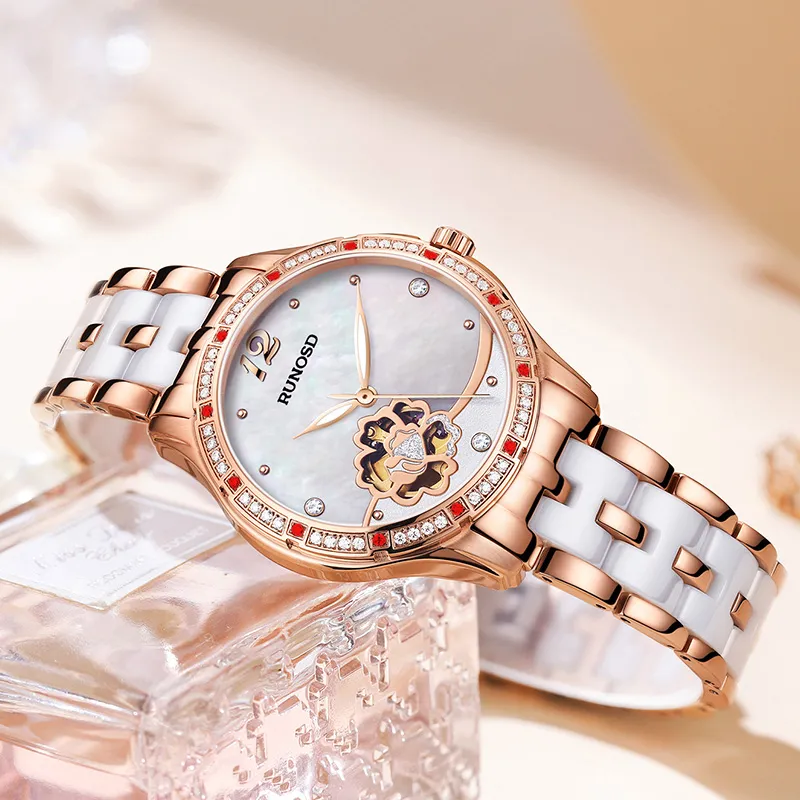 RUNOSD Mechanical Movement Ceramic Strap Watch Women's Watch White Dial-3