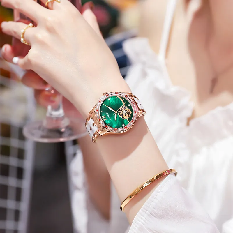 RUNOSD Mechanical Movement Ceramic Strap Watch Women's Watch White Dial-16