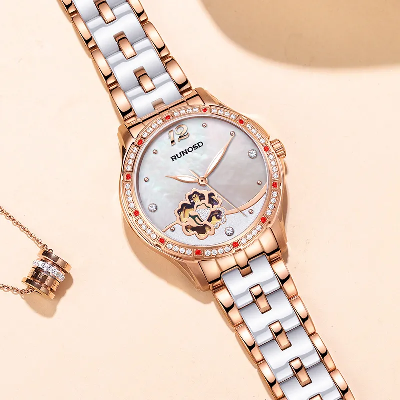 RUNOSD Mechanical Movement Ceramic Strap Watch Women's Watch White Dial-6