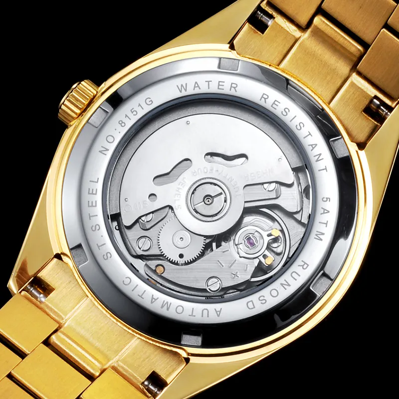 RUNOSD Automatic Mechanical Movement Gold-Plated Strap Watch Men's Watches Gold Dial-5