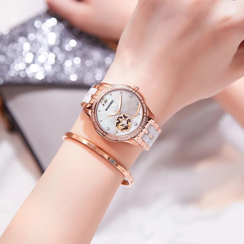 RUNOSD Mechanical Movement Ceramic Strap Watch Women's Watch White Dial-11