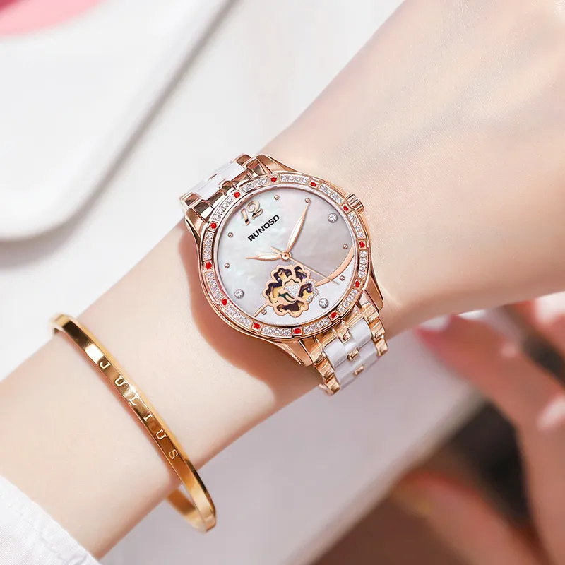 RUNOSD Mechanical Movement Ceramic Strap Watch Women's Watch White Dial-2