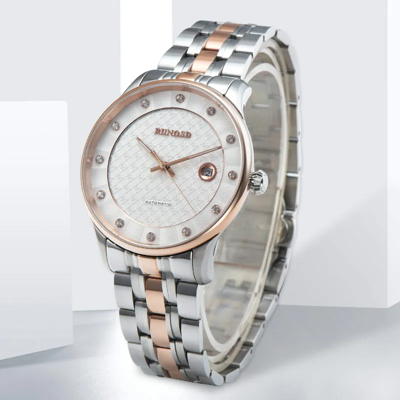RUNOSD Mechanical Movement Stainless Steel Watchband Watch Men's Watches White Dial-3