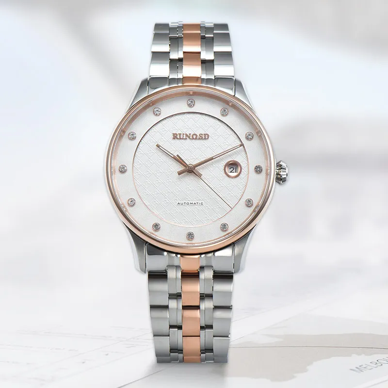 RUNOSD Mechanical Movement Stainless Steel Watchband Watch Men's Watches White Dial-1
