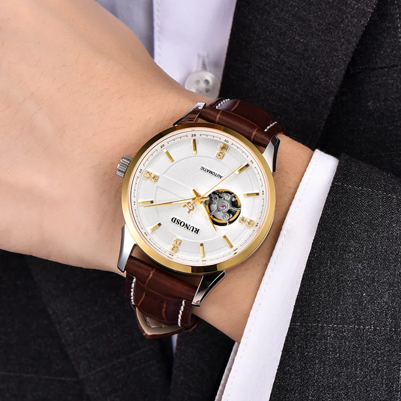 RUNOSD Automatic Mechanical Movement Leather Watch Bands Watch Men's Watches White Dial-2