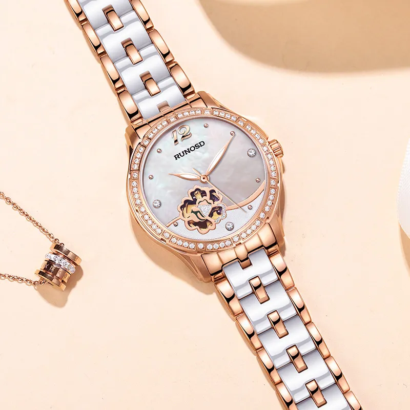 RUNOSD Mechanical Movement Ceramic Strap Watch Women's Watch White Dial-10