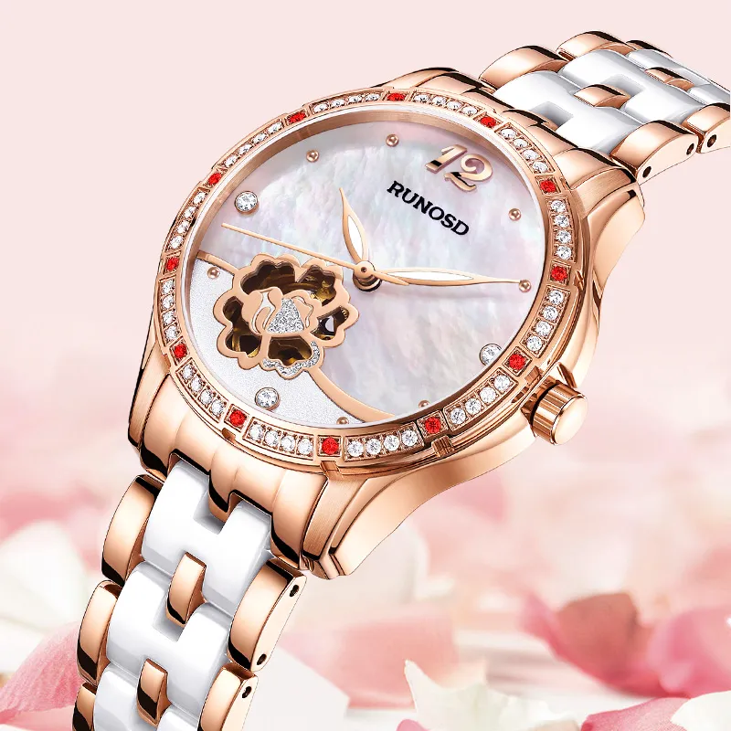 RUNOSD Mechanical Movement Ceramic Strap Watch Women's Watch White Dial-5