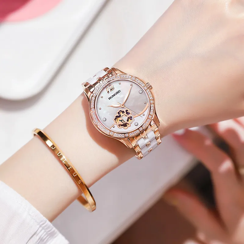 RUNOSD Mechanical Movement Ceramic Strap Watch Women's Watch White Dial-12