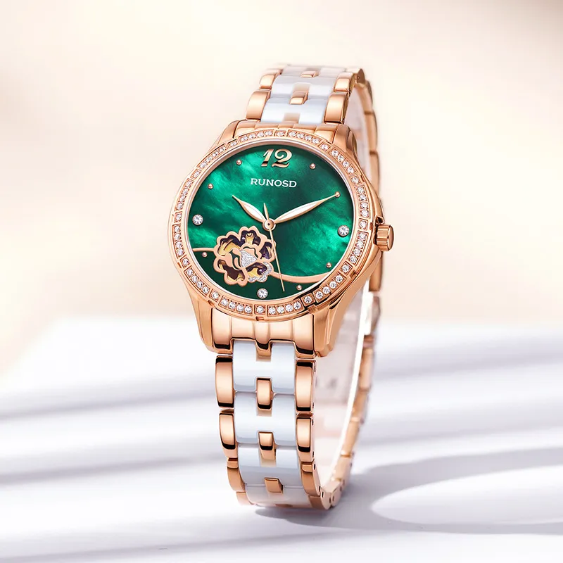 RUNOSD Mechanical Movement Ceramic Strap Watch Women's Watch White Dial-21