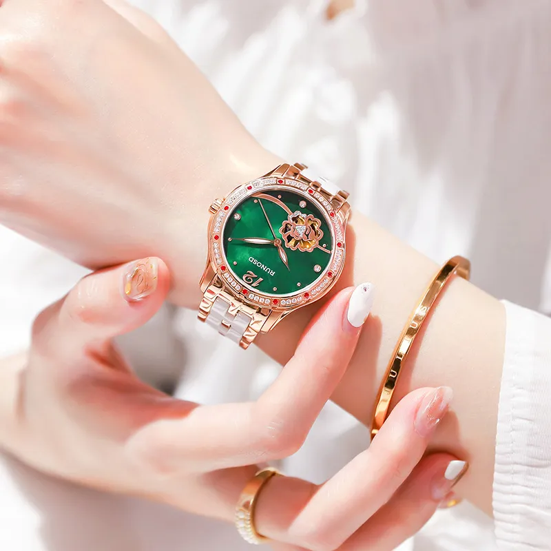 RUNOSD Mechanical Movement Ceramic Strap Watch Women's Watch White Dial-17