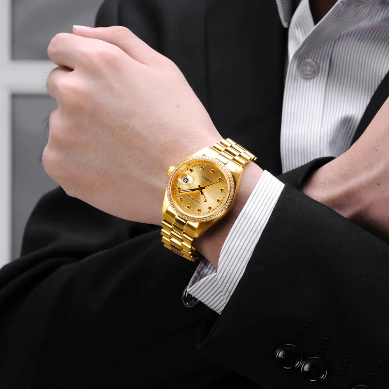 RUNOSD Automatic Mechanical Movement Gold-Plated Strap Watch Men's Watches Gold Dial-4