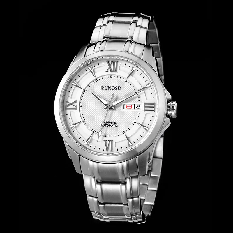 RUNOSD Mechanical Movement Stainless Steel Watchband Watch Men's Watches White Dial-2