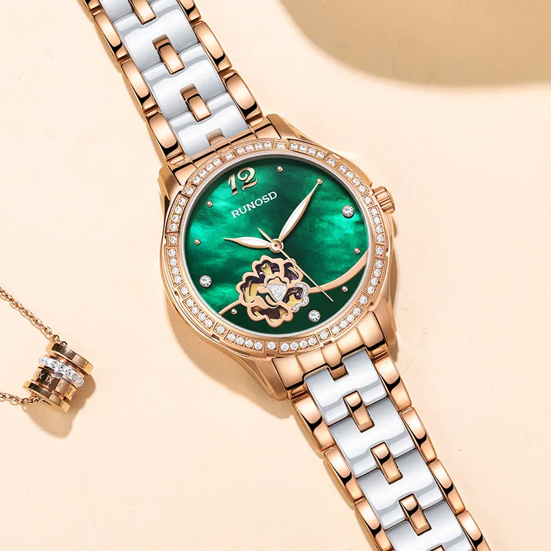 RUNOSD Mechanical Movement Ceramic Strap Watch Women's Watch White Dial-20