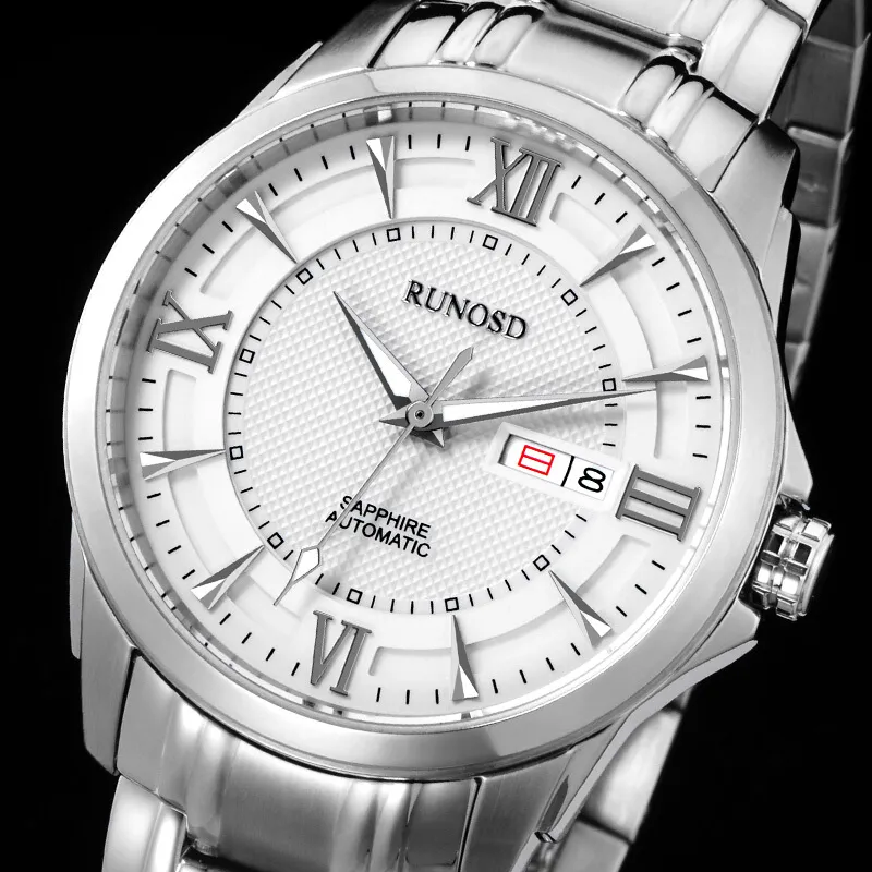 RUNOSD Mechanical Movement Stainless Steel Watchband Watch Men's Watches White Dial-4