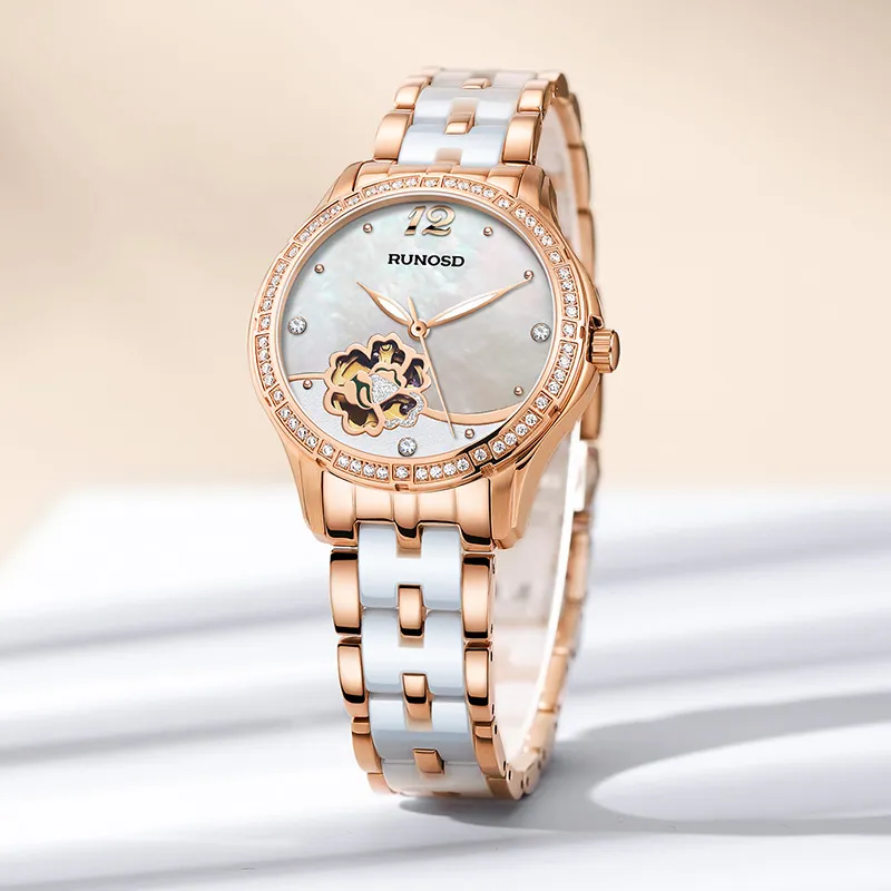 RUNOSD Mechanical Movement Ceramic Strap Watch Women's Watch White Dial-9