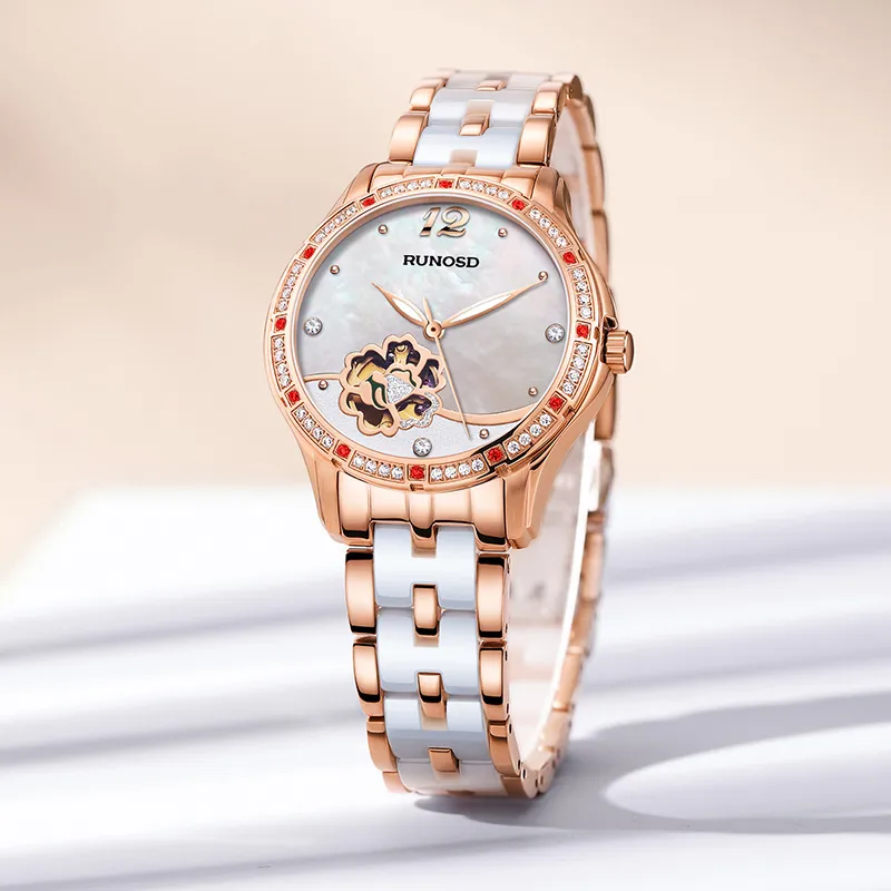 RUNOSD Mechanical Movement Ceramic Strap Watch Women's Watch White Dial-4