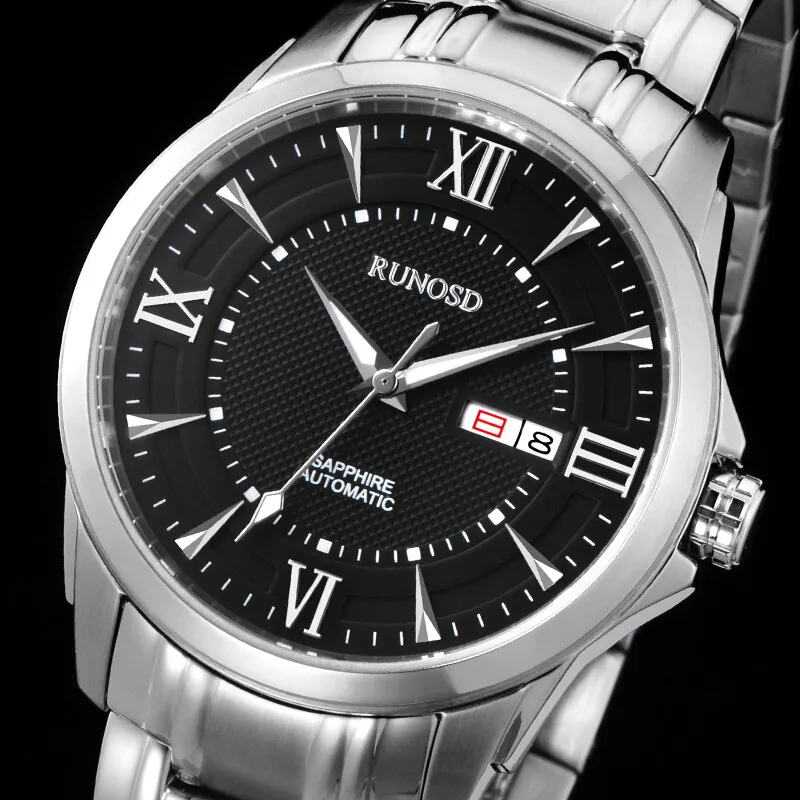 RUNOSD Mechanical Movement Stainless Steel Watchband Watch Men's Watches White Dial-9