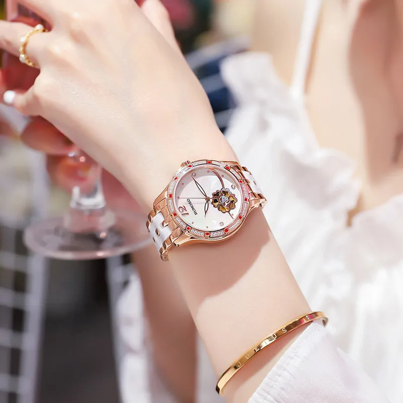 RUNOSD Mechanical Movement Ceramic Strap Watch Women's Watch White Dial-1