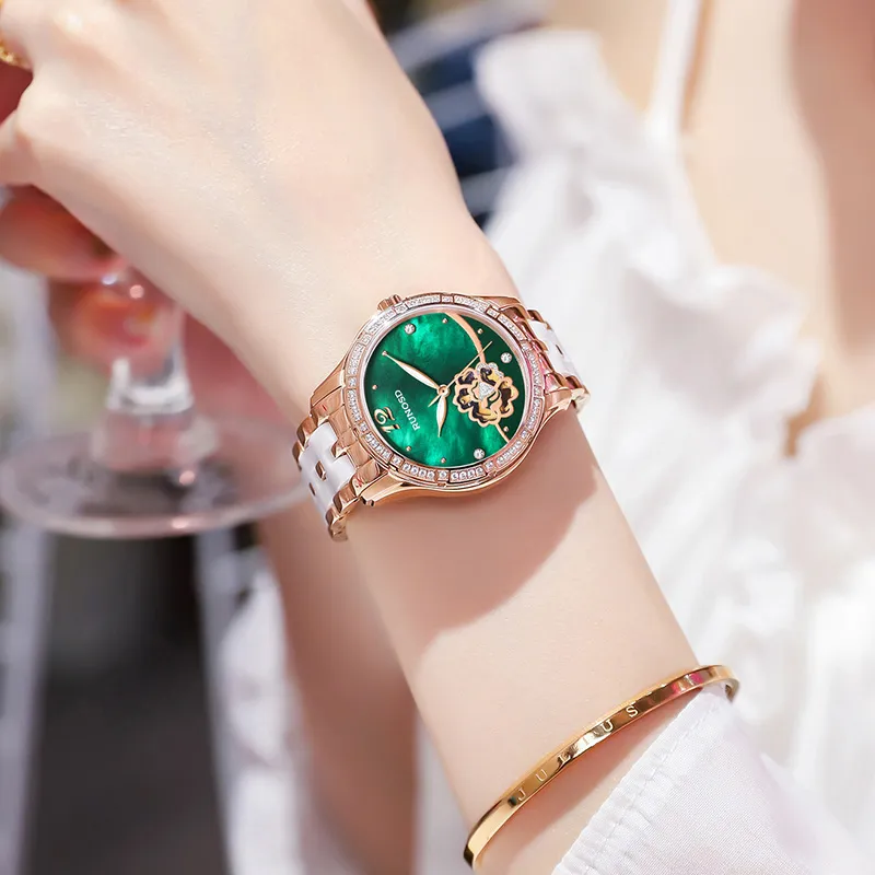 RUNOSD Mechanical Movement Ceramic Strap Watch Women's Watch White Dial-19